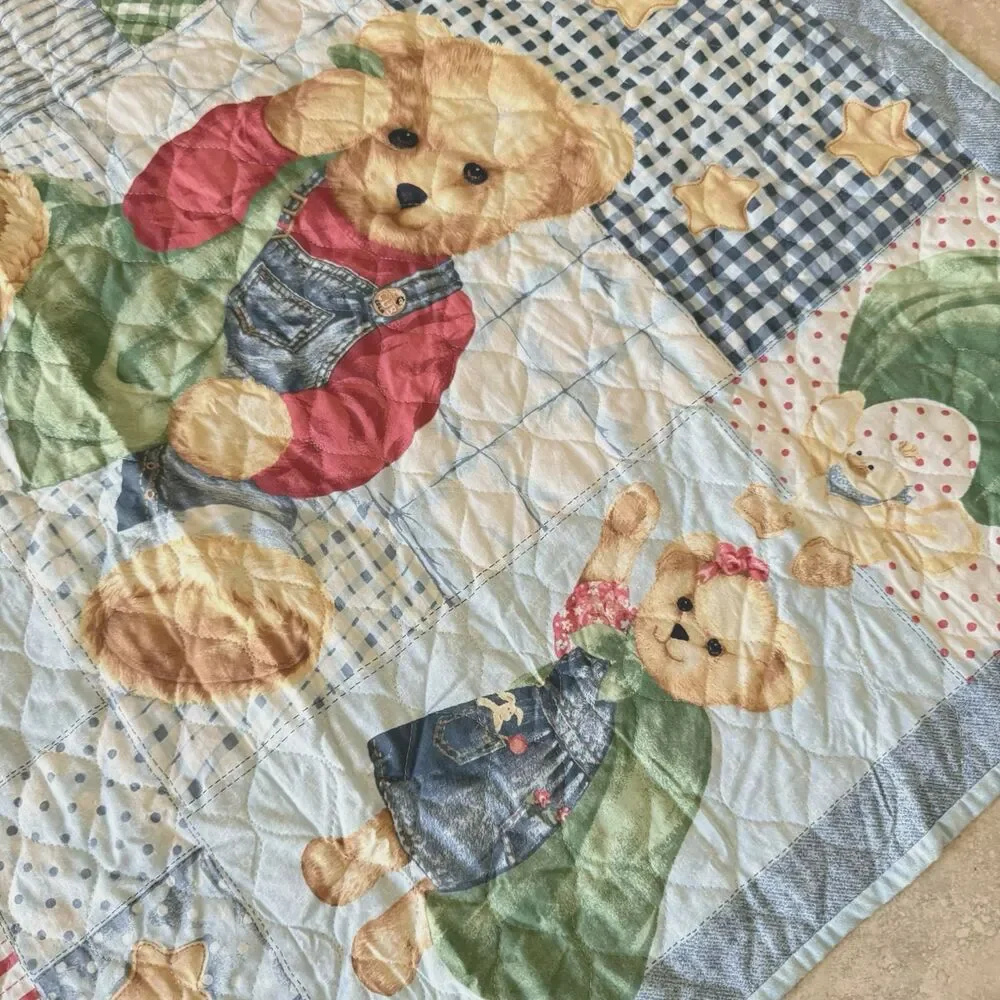 Baby Nursery Crib Quilt Blue Jean Teddy Bear Quilt REVERSIBLE Daisy Kingdom Vtg